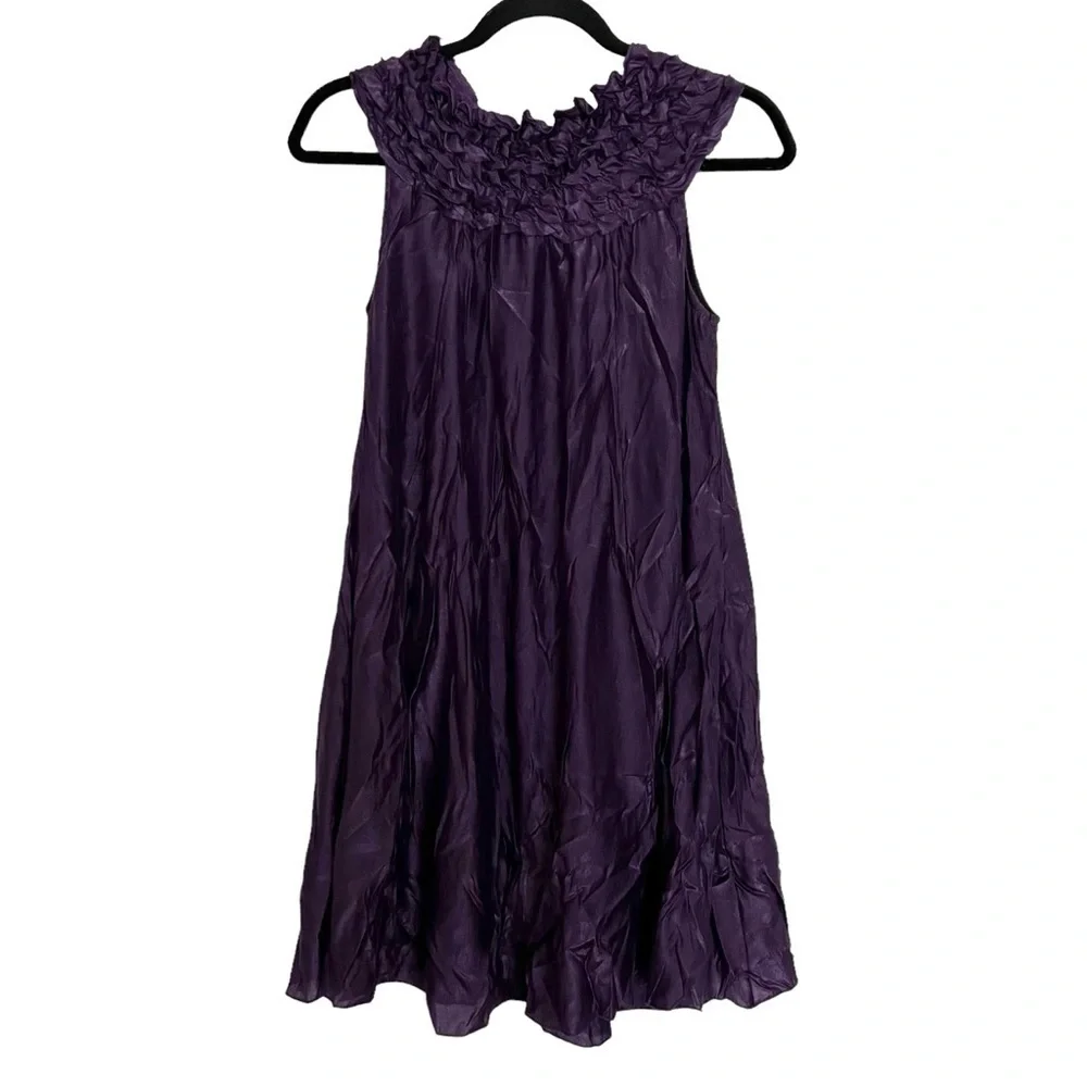 Purple Floral Sleeveless Trapeze Style Smocked Mini Dress Approx XS